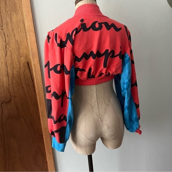 CHAMPION DIY sz S All Over Print SHRUG Short Sleeve Sweatshirt Red Blue - Picture 3 of 9
